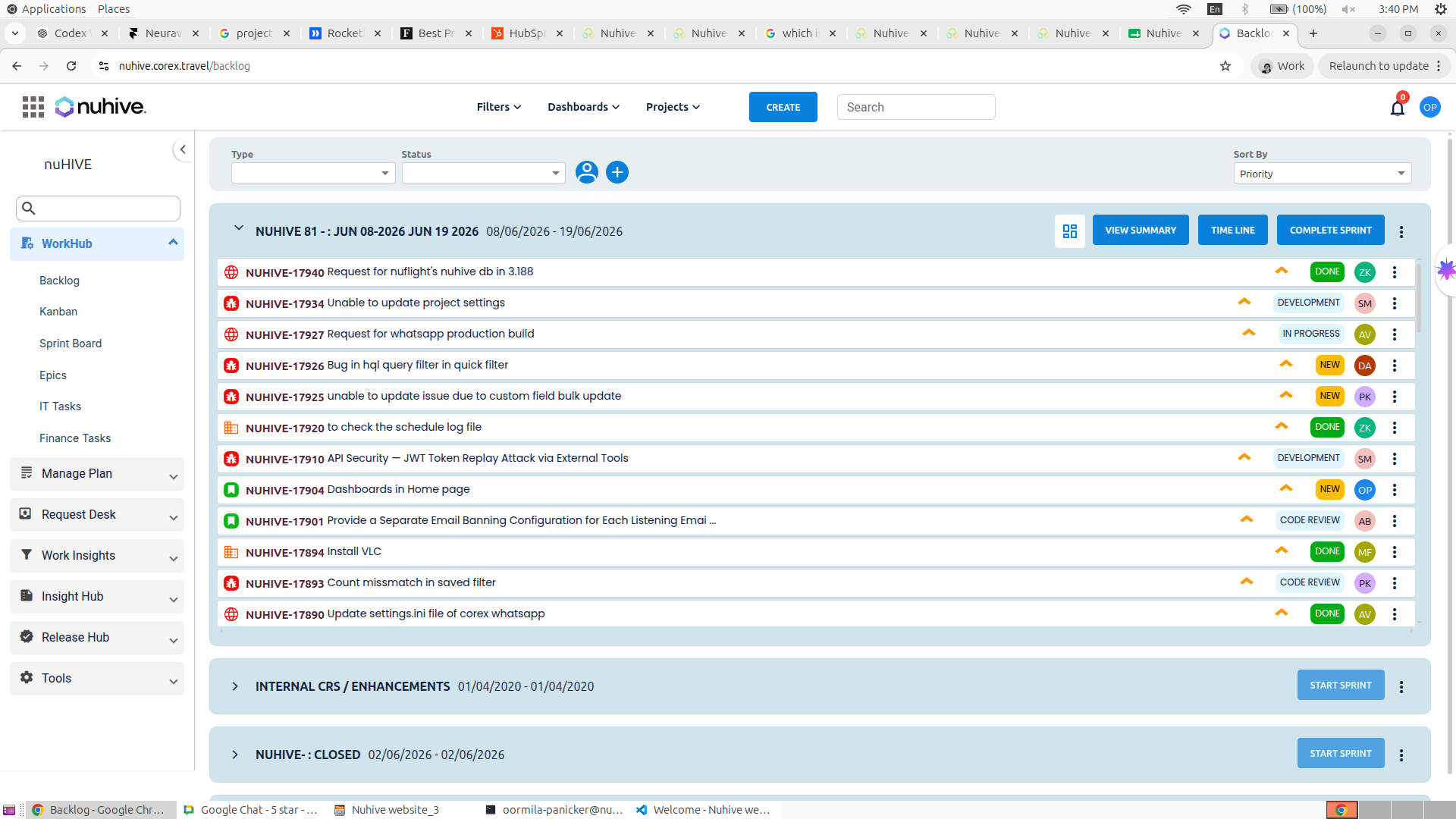 nuhive backlog view with sprint work and status tracking